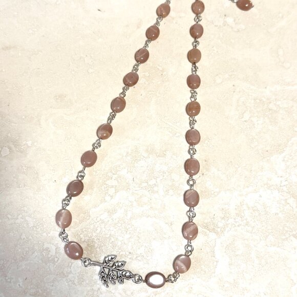 Peach Moonstone Adjustable Choker, Leaf Branch Pendant + Genuine Gemstone - Picture 7 of 16